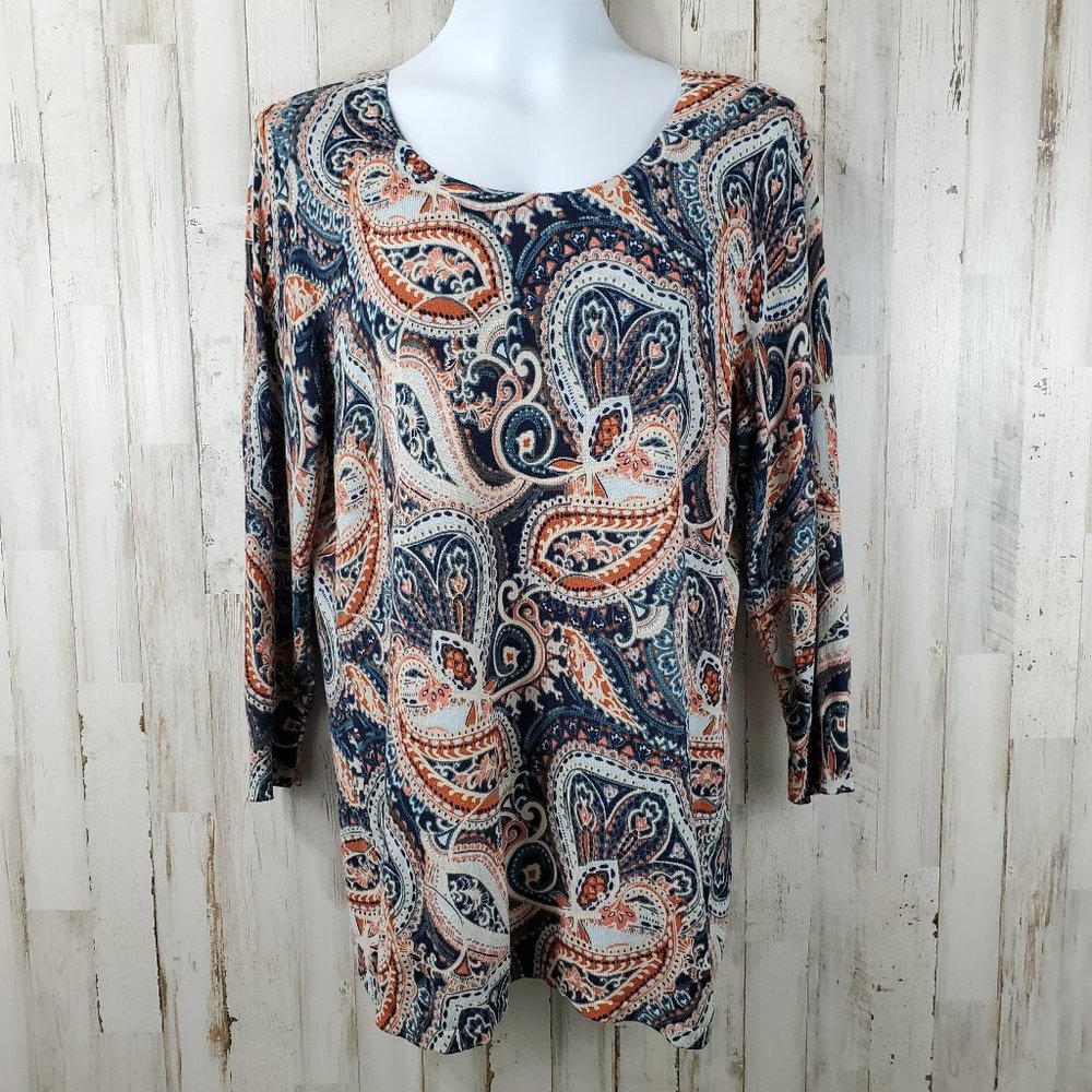 Dressbarn Womens Sweater L Blue Orange Paisley Scoop Neck 3/4 Sleeve Rayon Q10